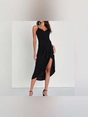 Lulu's Black High-Low Spaghetti Strap Midi Dress with Thigh Slit